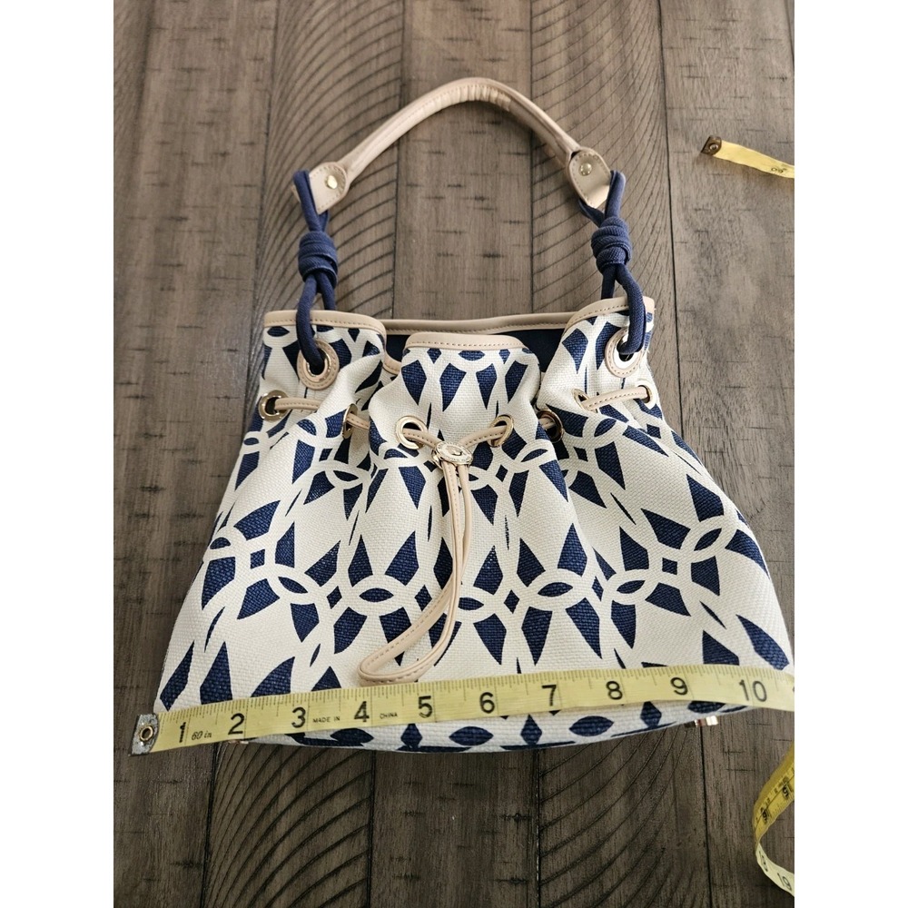 Spartina 449 Bucket Bag Blue Geo Linen Leather Drawstring Nautical Coastal Chic - Picture 13 of 16